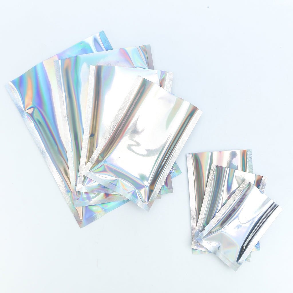 Open Top Flat Holographic Food Mylar Packaging Bags Reusable One Side Clear Foil Heat Seal vacuum Sachet