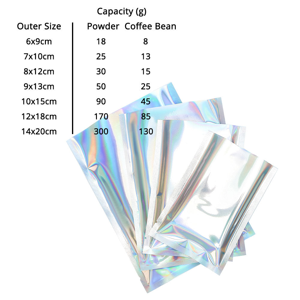 Open Top Flat Holographic Food Mylar Packaging Bags Reusable One Side Clear Foil Heat Seal vacuum Sachet