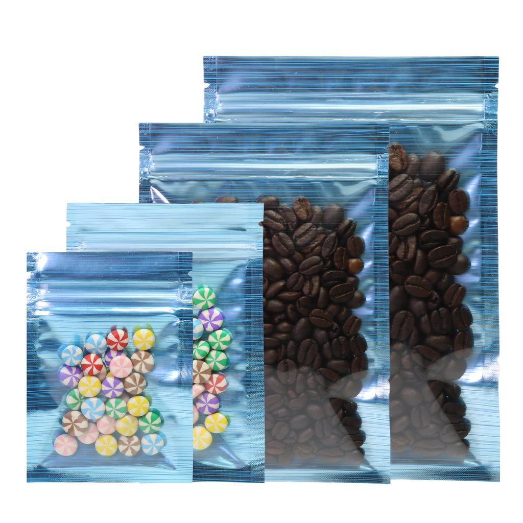 High quality Resealable Glossy Blue Zip Lock Pouches Various Sizes Tear Notch Flat Bottom Mylar Bags With Clear Window