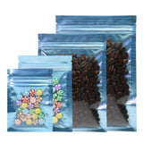 High quality Resealable Glossy Blue Zip Lock Pouches Various Sizes Tear Notch Flat Bottom Mylar Bags With Clear Window