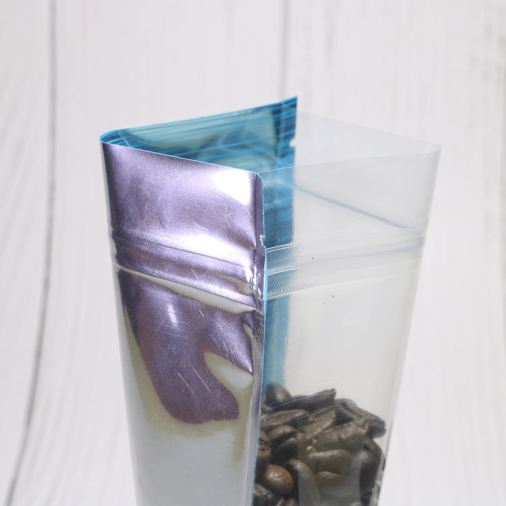 High quality Resealable Glossy Blue Zip Lock Pouches Various Sizes Tear Notch Flat Bottom Mylar Bags With Clear Window