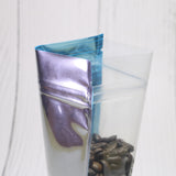 High quality Resealable Glossy Blue Zip Lock Pouches Various Sizes Tear Notch Flat Bottom Mylar Bags With Clear Window