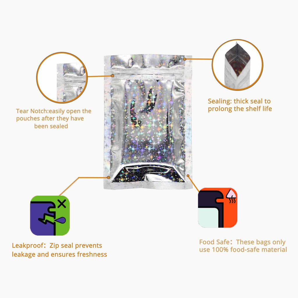 Various Size Shining Star Holographic Zipper Pouch Smell Proof Reclosable Ziplock Aluminum Foil Mylar Bag