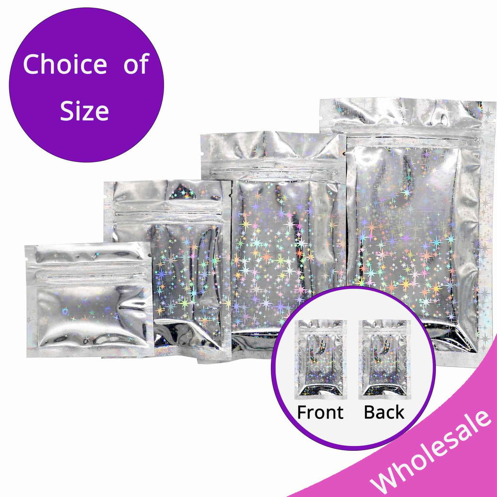 Various Size Shining Star Holographic Zipper Pouch Smell Proof Reclosable Ziplock Aluminum Foil Mylar Bag