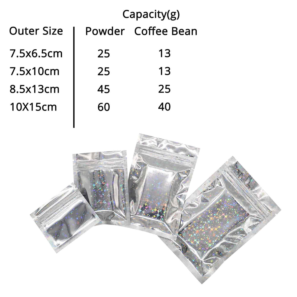 Various Size Shining Star Holographic Zipper Pouch Smell Proof Reclosable Ziplock Aluminum Foil Mylar Bag
