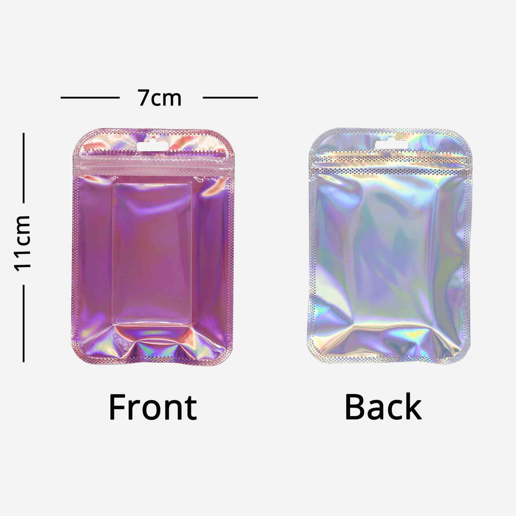 Clear WIndow Purple Ziplock Packaging Pouch Heat Sealable Reclosable Transparent Front Holographic Zipper Bag