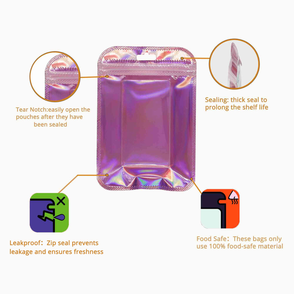 Clear WIndow Purple Ziplock Packaging Pouch Heat Sealable Reclosable Transparent Front Holographic Zipper Bag