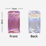 Clear WIndow Purple Ziplock Packaging Pouch Heat Sealable Reclosable Transparent Front Holographic Zipper Bag