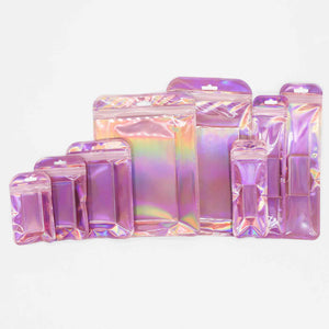 Clear WIndow Purple Ziplock Packaging Pouch Heat Sealable Reclosable Transparent Front Holographic Zipper Bag