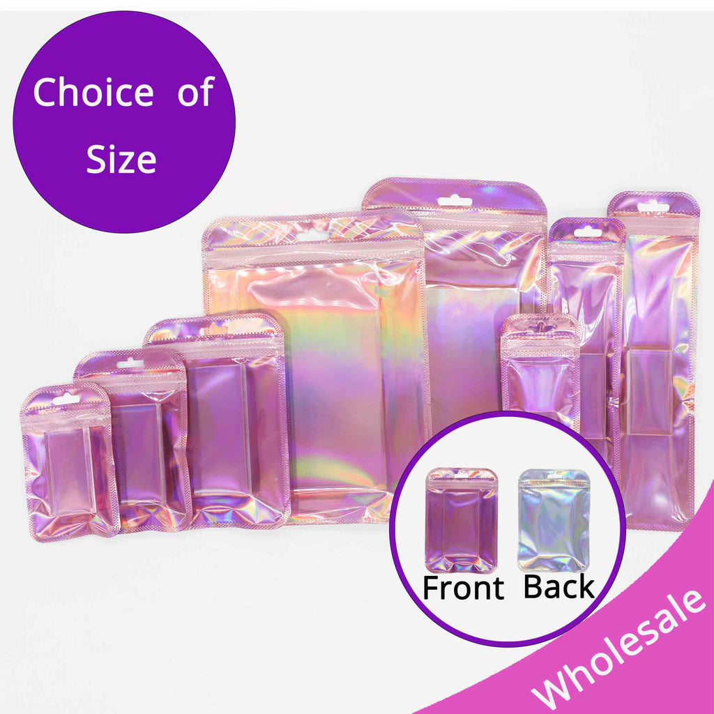 Clear WIndow Purple Ziplock Packaging Pouch Heat Sealable Reclosable Transparent Front Holographic Zipper Bag