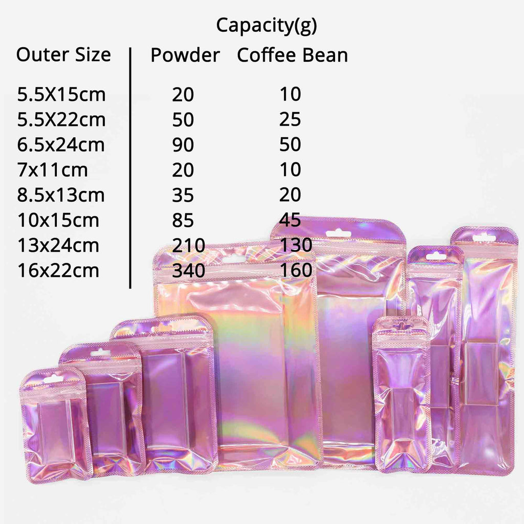 Clear WIndow Purple Ziplock Packaging Pouch Heat Sealable Reclosable Transparent Front Holographic Zipper Bag