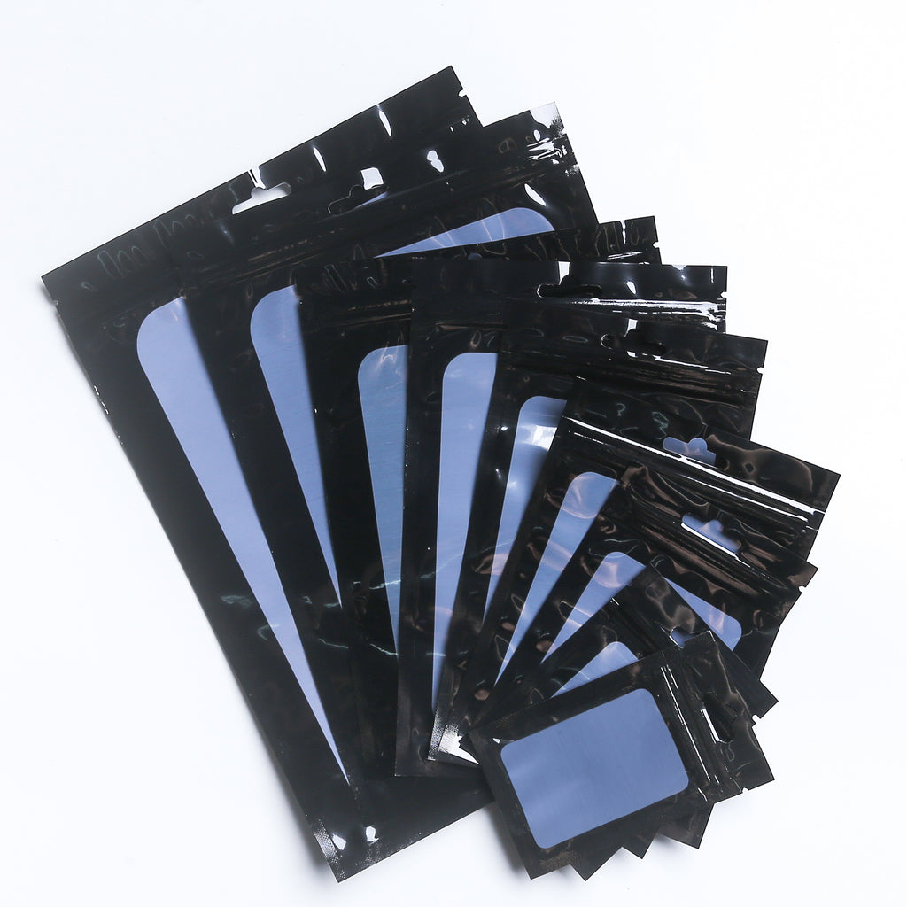 Various sizes Resealable Glossy Black Plastic Ziplock Pouches Eco-friendly Smell Proof Butterfly Hole Mylar Bags With Clear Window