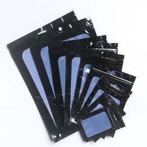 Various sizes Resealable Glossy Black Plastic Ziplock Pouches Eco-friendly Smell Proof Butterfly Hole Mylar Bags With Clear Window