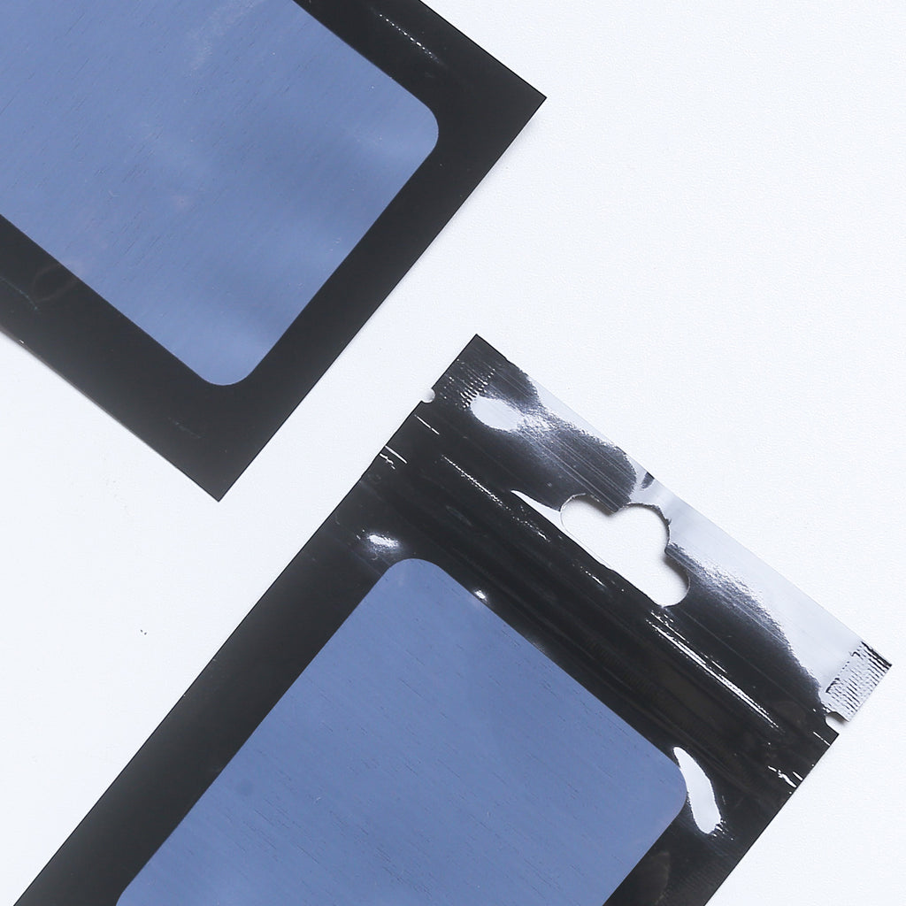 Various sizes Resealable Glossy Black Plastic Ziplock Pouches Eco-friendly Smell Proof Butterfly Hole Mylar Bags With Clear Window