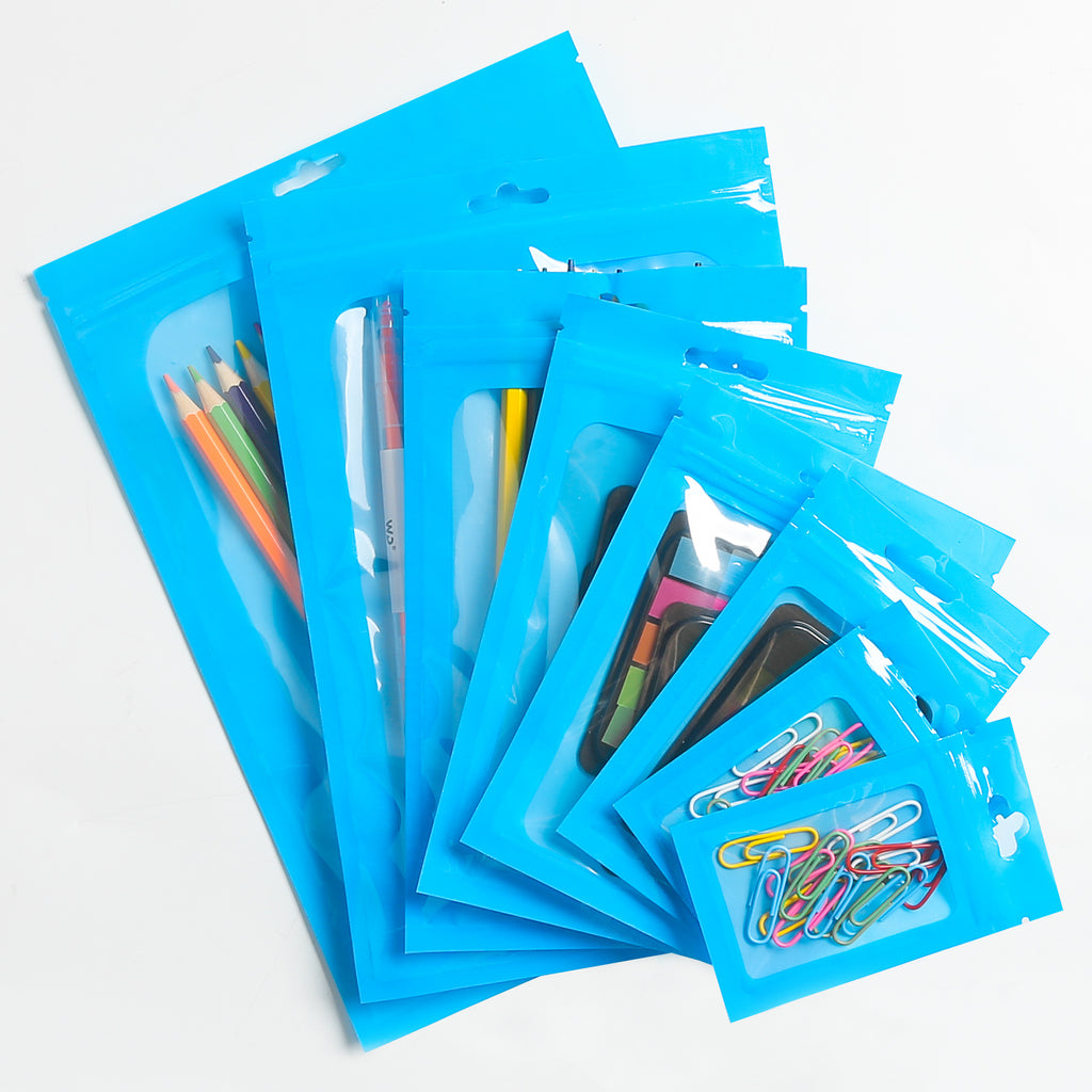 Glossy Blue Plastic Bag With Clear Window Resealable Waterproof Beauty Egg Zip Lock Pouches With Butterfly Hole