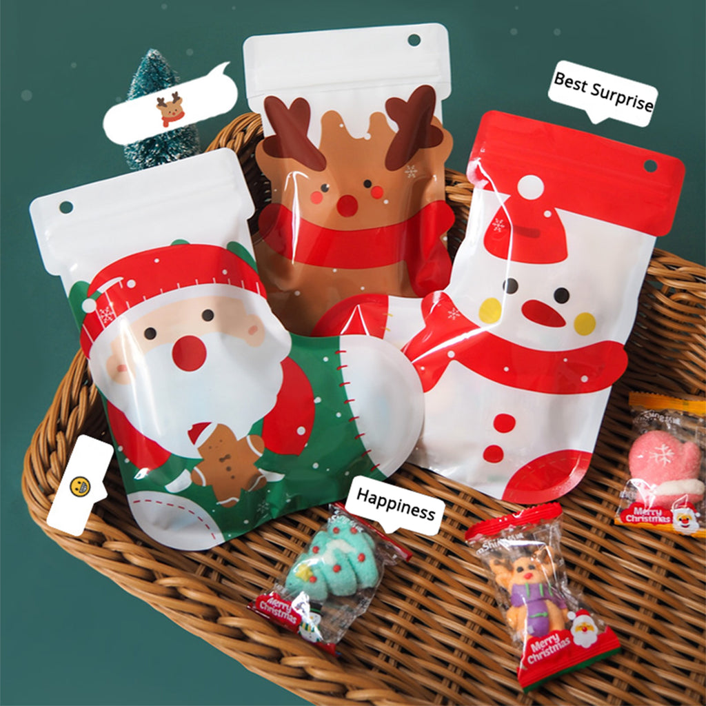 100pcs Flat Plastic Santa Claus Christmas Snowman Elk Ziplock Candy Cookie Sweet Gift Stocking Pouch Christmas Mylar Packing Bag