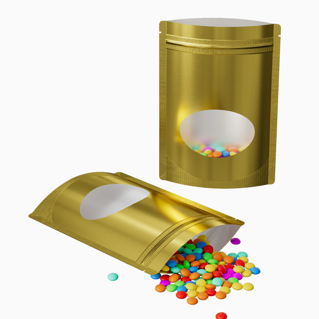 14x20cm Aluminum Foil Food Standing Up Zipper Lock Pouches Eco-friendly Glossy Gold Mylar Package Bags With Clear Oval Window