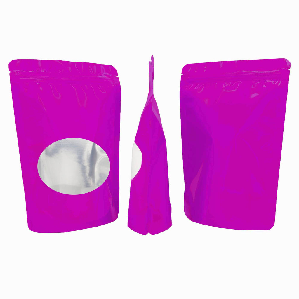 Glossy Purple Aluminum Foil Food Zipper Lock Mylar Package Bags Eco-friendly Round Corner Standing Up Pouches With Clear Oval Window