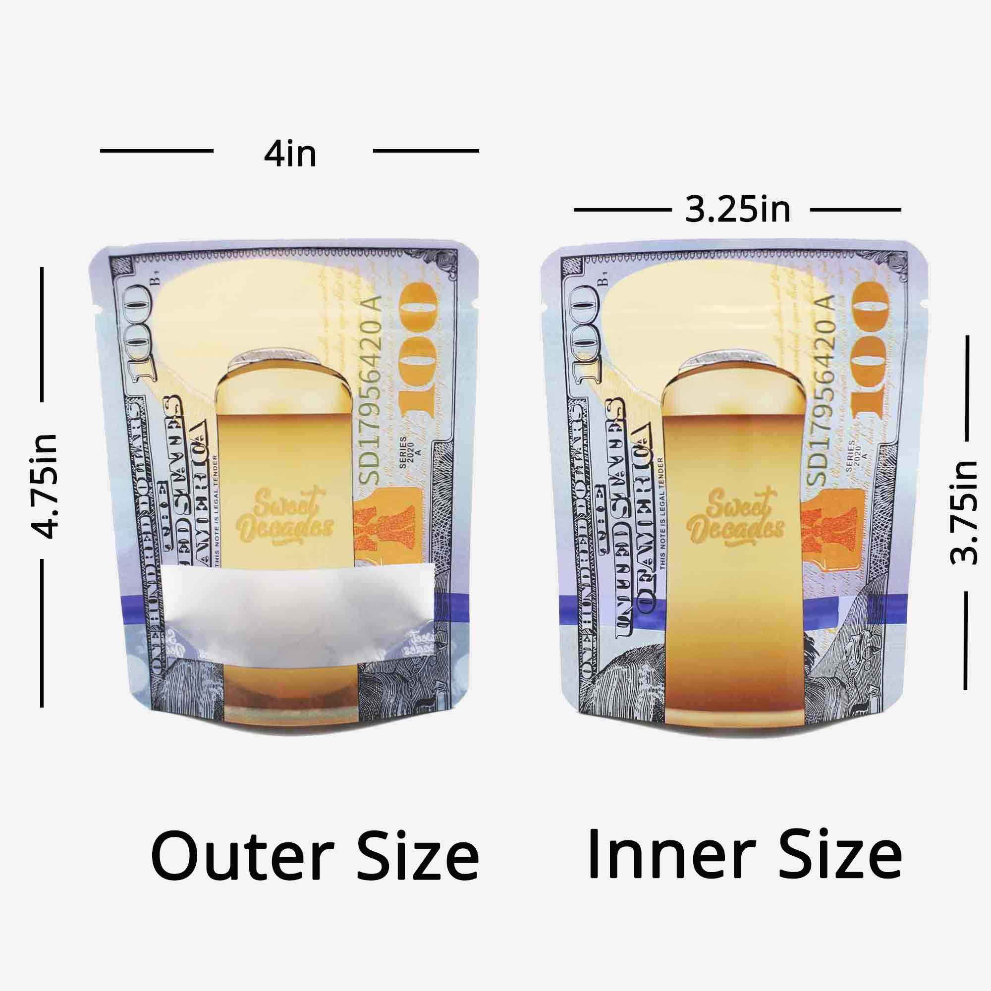 10x12cm Dollar Money Print Stand Up Pouch Frosted Window Smell Proof H