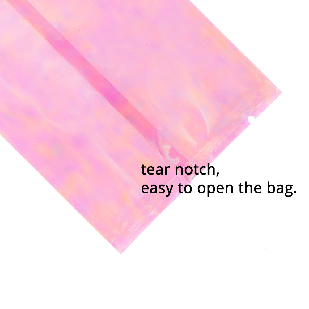 Multi-size Vacuum Heat Sealing Glossy Holographic Pink Storage Pouch Open Top Packaging Bag with Tear Notch