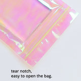 Holographic Pink Flat Bottom Heat Sealed Bag Plastic Mylar Packaging Ziplock Pouch With Tear Notch For Food Make up Storage