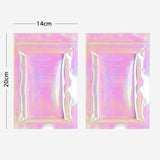 Holographic Pink Flat Bottom Heat Sealed Bag Plastic Mylar Packaging Ziplock Pouch With Tear Notch For Food Make up Storage