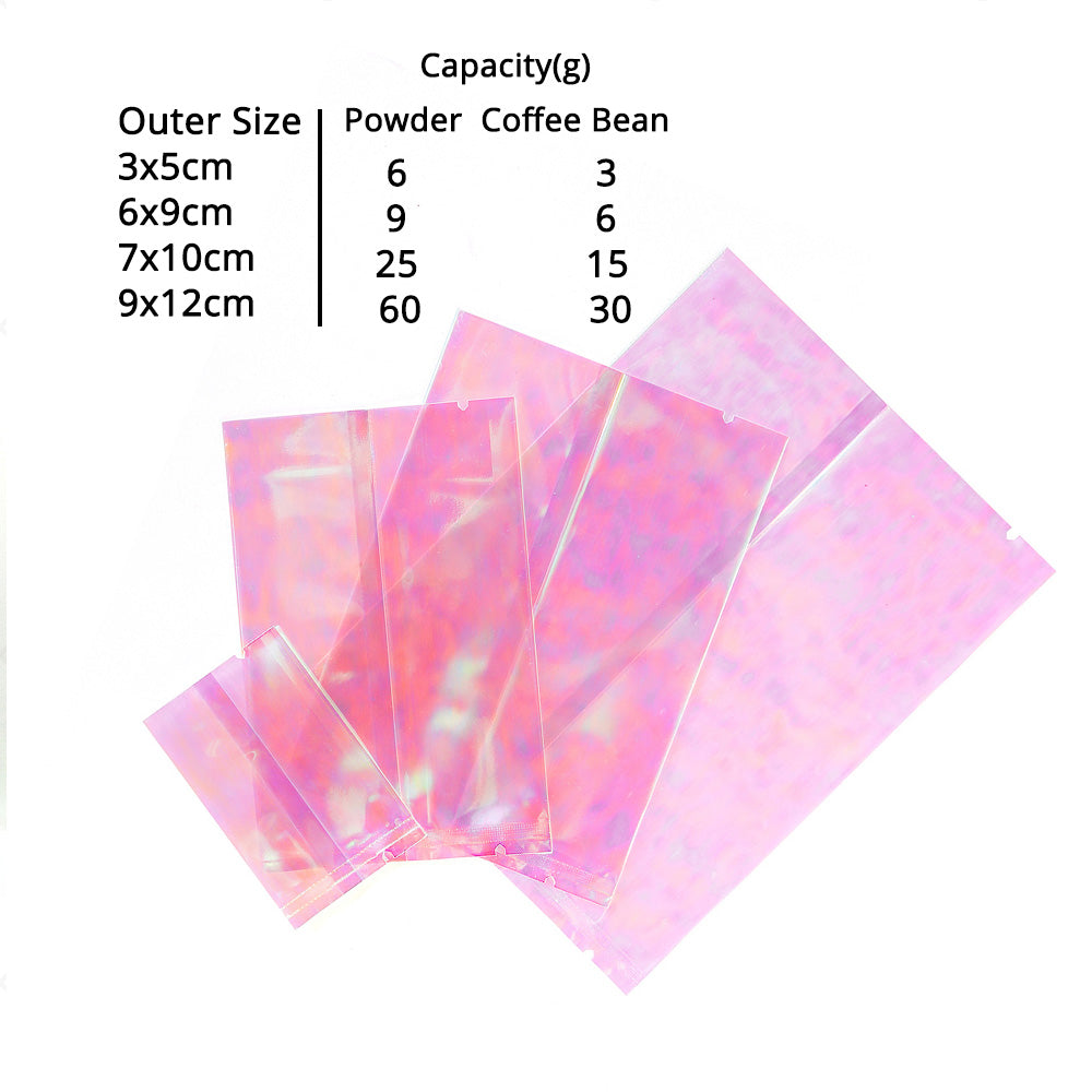 Multi-size Vacuum Heat Sealing Glossy Holographic Pink Storage Pouch Open Top Packaging Bag with Tear Notch