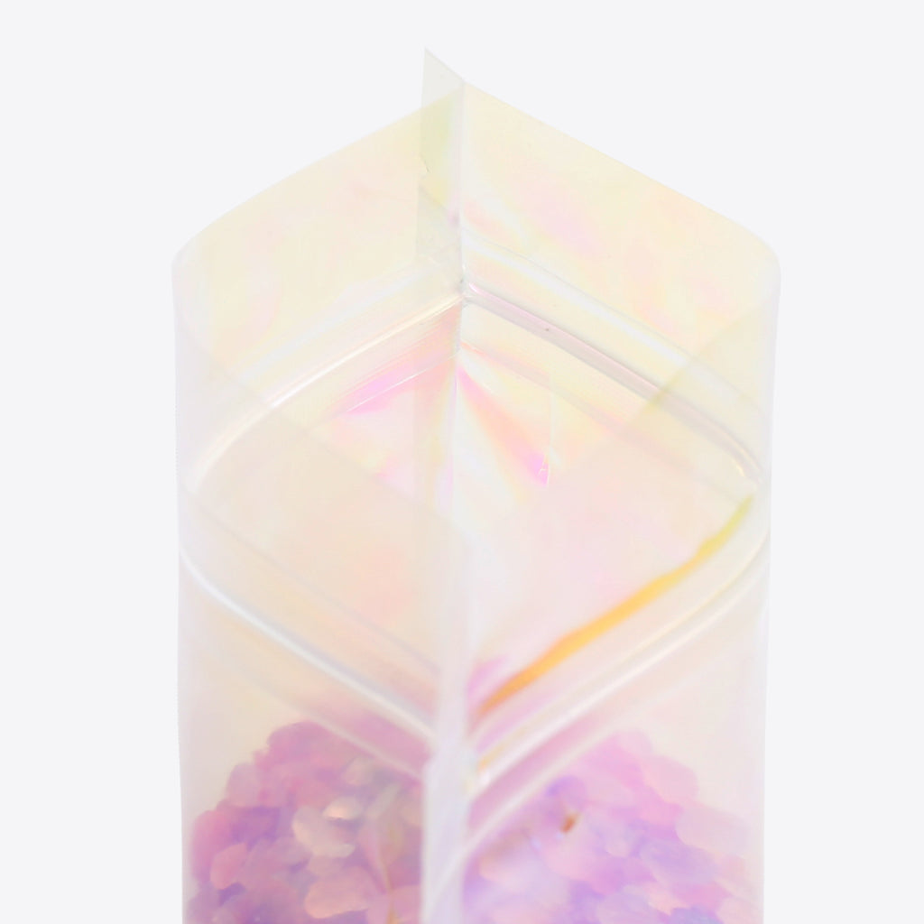 Holographic Pink Flat Bottom Heat Sealed Bag Plastic Mylar Packaging Ziplock Pouch With Tear Notch For Food Make up Storage