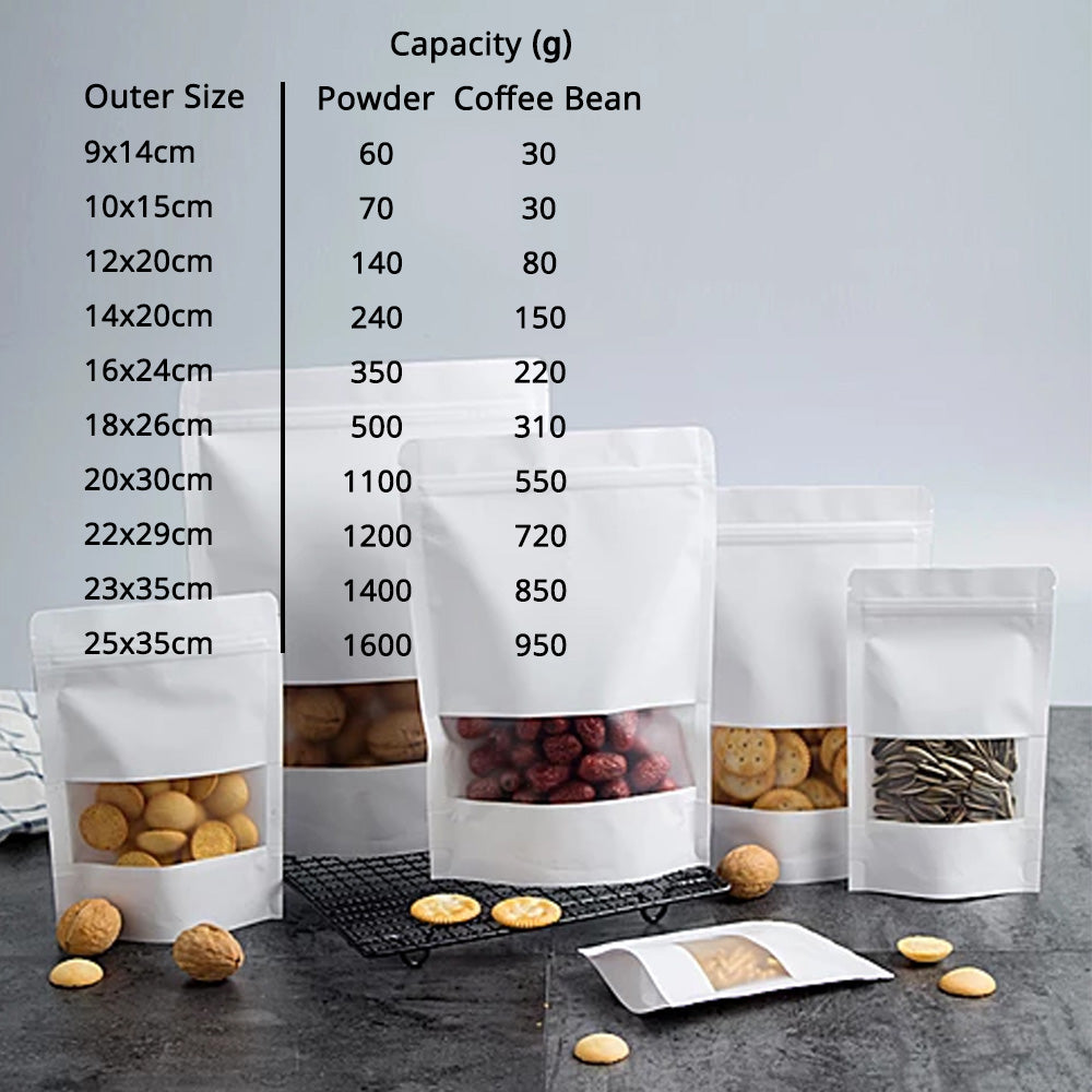 Custom Printed:Heat Seal Kraft Paper Zip Lock Bag Custom Matte Stand Up Eco Recyclable White Storage Zipper Bag With Window