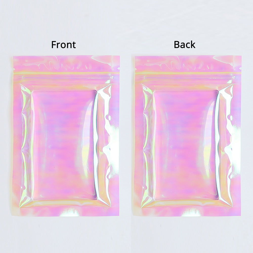 Holographic Pink Flat Bottom Heat Sealed Bag Plastic Mylar Packaging Ziplock Pouch With Tear Notch For Food Make up Storage