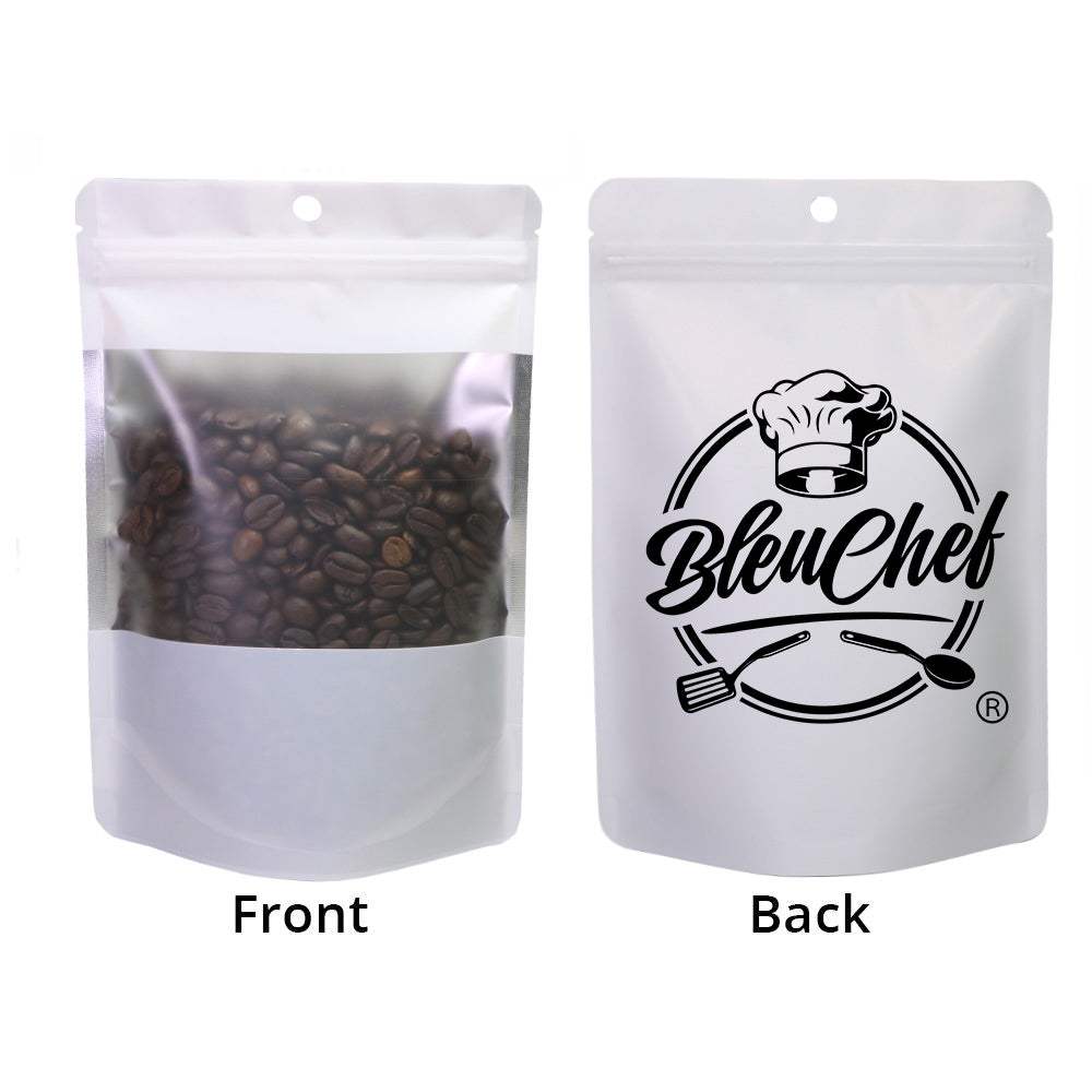 Custom Printed:Matte Black/ White With Frosted Window And Handle Hole Metallic Foil Stand Up Reusable Zipper Storage Bag