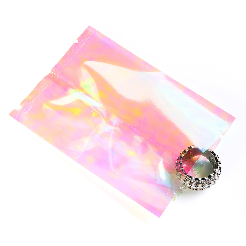 Multi-size Vacuum Heat Sealing Glossy Holographic Pink Storage Pouch Open Top Packaging Bag with Tear Notch