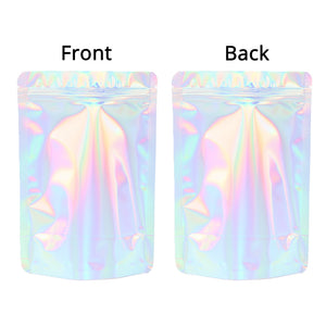 Custom Logo Glossy Holographic Laser Silver Metallic Foil Mylar Zip Lock Bag Comestic Reusable Stand Up Eco Storage Pouch