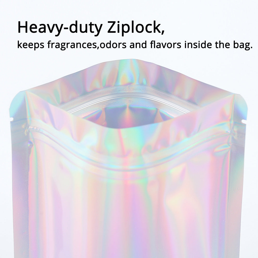 Custom Printed: Glossy Holographic Laser Silver Metallic Foil Mylar Zip Lock Bag Comestic Reusable Stand Up Eco Storage Pouch