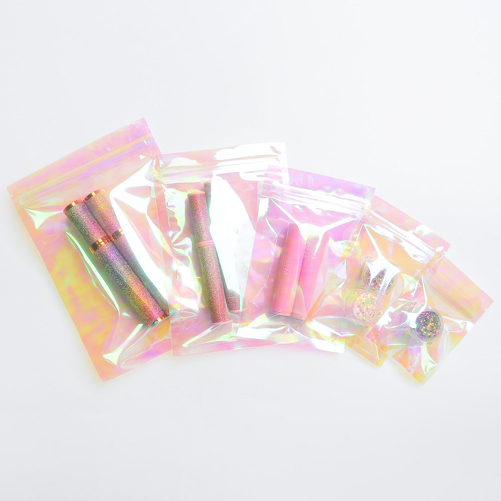 Custom Printed: Holographic Pink Flat Bottom Heat Seal Bag Plastic Mylar Packaging Zip Lock Pouch For Food Make up Storage