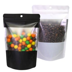 In Stock Matte Black/ White With Frosted Window And Handle Hole Metallic Foil Stand Up Reusable Zipper Storage Bag
