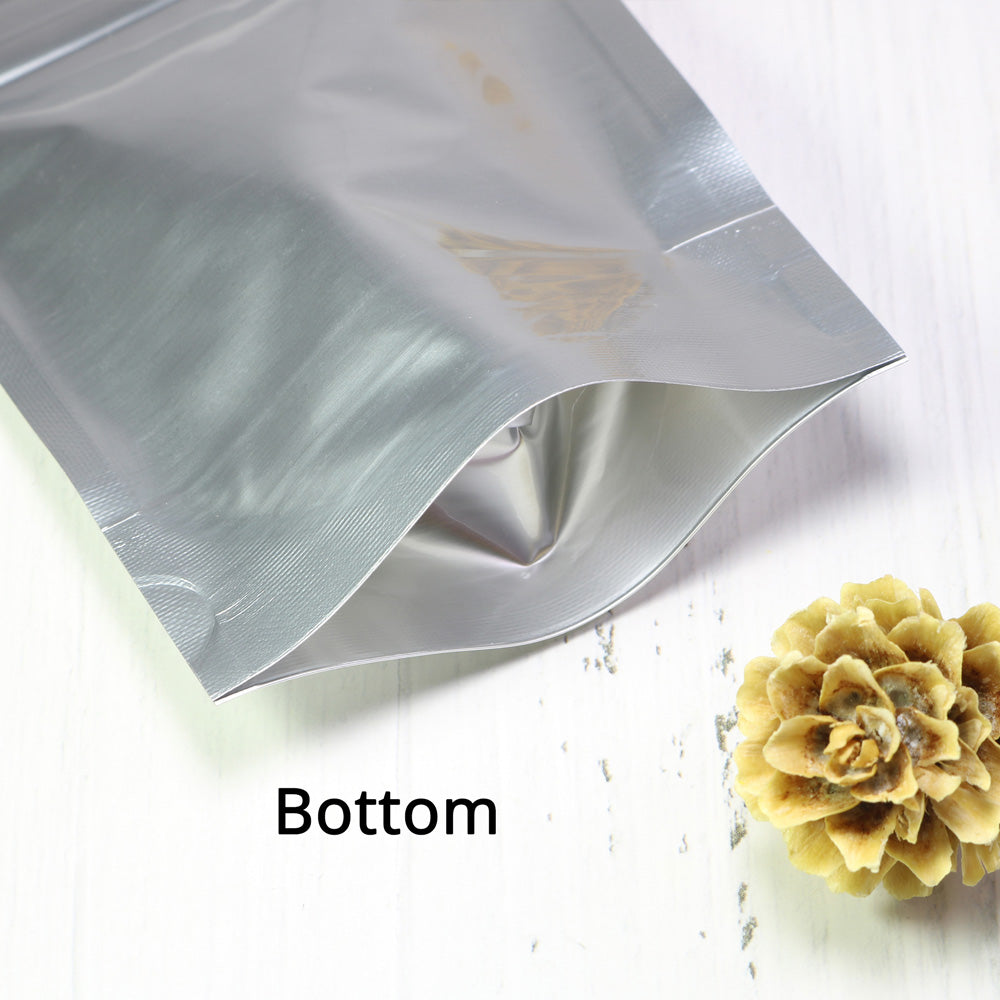 Custom Glossy Silver Aluminium Foil Packaging Reusable Zip Lock Bag Candy Snack Stand Up Storage Sample Pouch