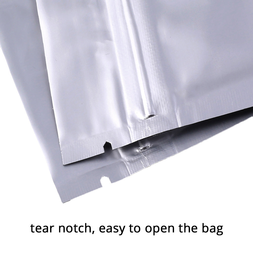 Multi-Size Tear Notch Heavy-Duty Silver Flat Aluminum Foil Self Sealing Pouch Food Snack Zip Lock Package Storage Bag