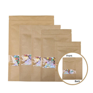 New Style Premium Assorted Sizes Tear Notch Flat Pouch Kraft Paper Zip Lock Storage Bag w/ Clear Window