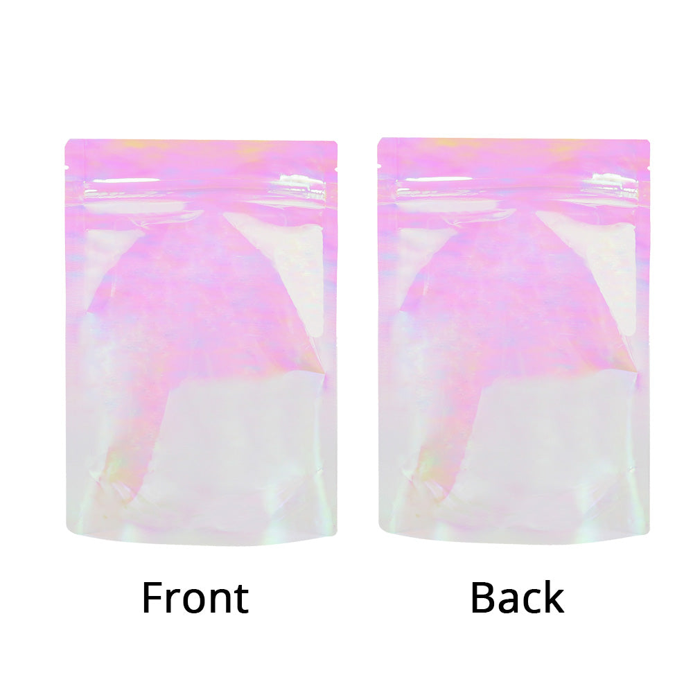 Custom Printed:Plastic Mylar Bag Glossy Holographic Pink Cosmetic Jewelry Candy Storage Zip Lock Pouch Resealable Polybag
