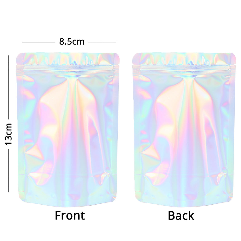 Custom Logo Glossy Holographic Laser Silver Metallic Foil Mylar Zip Lock Bag Comestic Reusable Stand Up Eco Storage Pouch