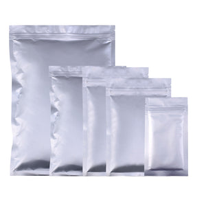 Multi-Size Tear Notch Heavy-Duty Silver Flat Aluminum Foil Self Sealing Pouch Food Snack Zip Lock Package Storage Bag
