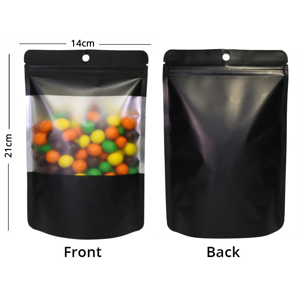 Custom Printed:Matte Black/ White With Frosted Window And Handle Hole Metallic Foil Stand Up Reusable Zipper Storage Bag