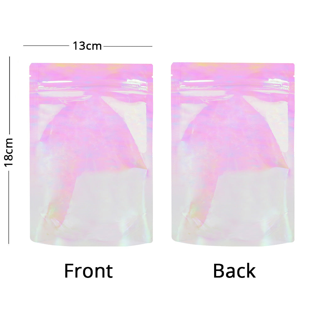 Custom Printed:Plastic Mylar Bag Glossy Holographic Pink Cosmetic Jewelry Candy Storage Zip Lock Pouch Resealable Polybag