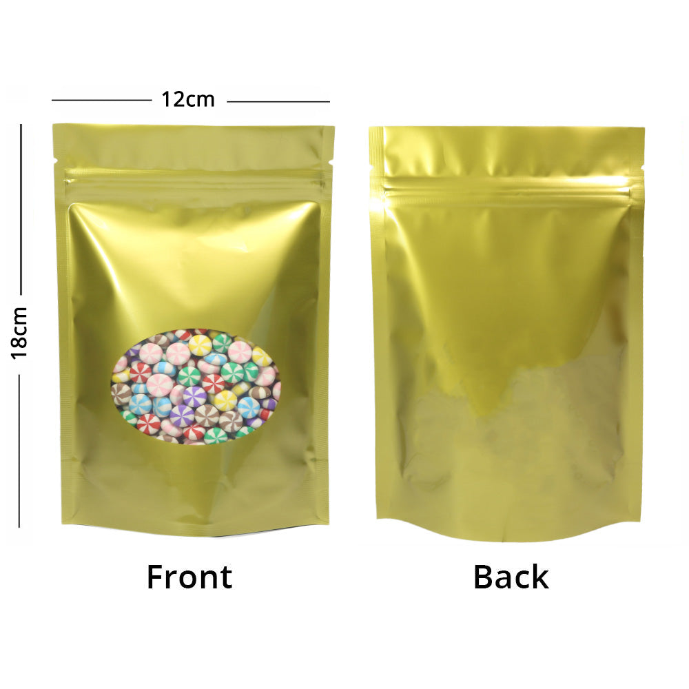 Custom Glossy Sealed Bag With Oval Clear Window And Tear Notch Metallic Foil Mylar Stand Up Household Storage Zip Lock Pouch