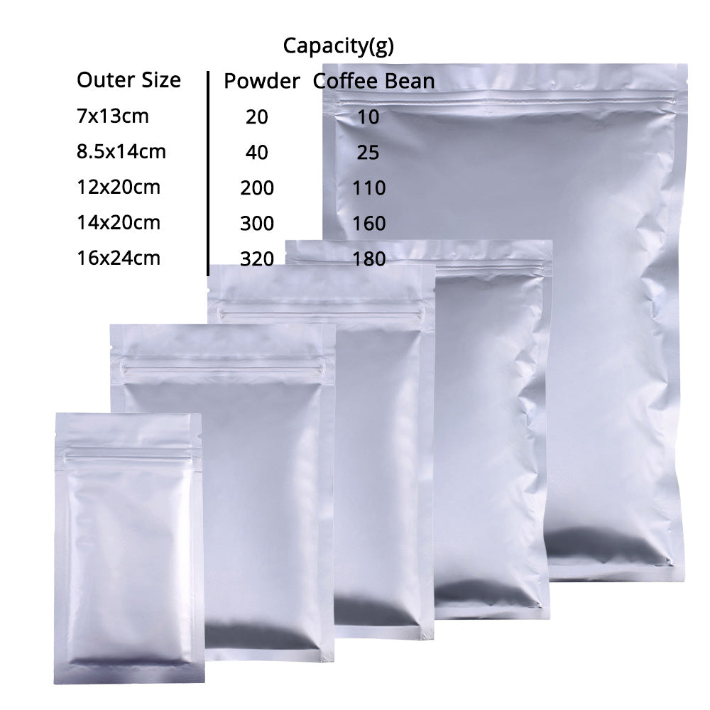 Multi-Size Tear Notch Heavy-Duty Silver Flat Aluminum Foil Self Sealing Pouch Food Snack Zip Lock Package Storage Bag