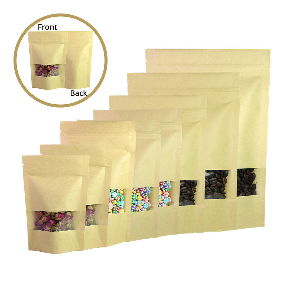 Custom Printed:Zip Lock With Window Kraft Paper Stand Up Pouch Recyclable Eco-friendly Mylar Packaging Storage Bag