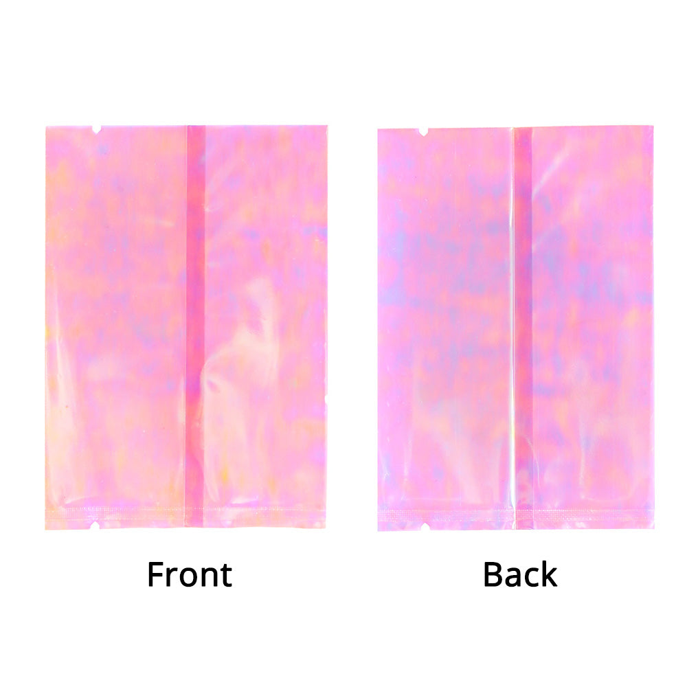 Multi-size Vacuum Heat Sealing Glossy Holographic Pink Storage Pouch Open Top Packaging Bag with Tear Notch