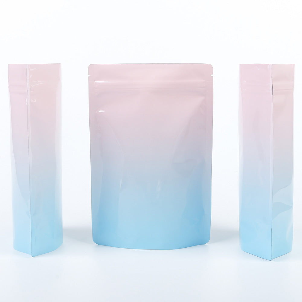 Custom Printed:High Quality Glossy Various Sizes Gradual Pink/Blue Stand Up Bag Aluminium Foil Mylar Storage Organizer Zipper Bag