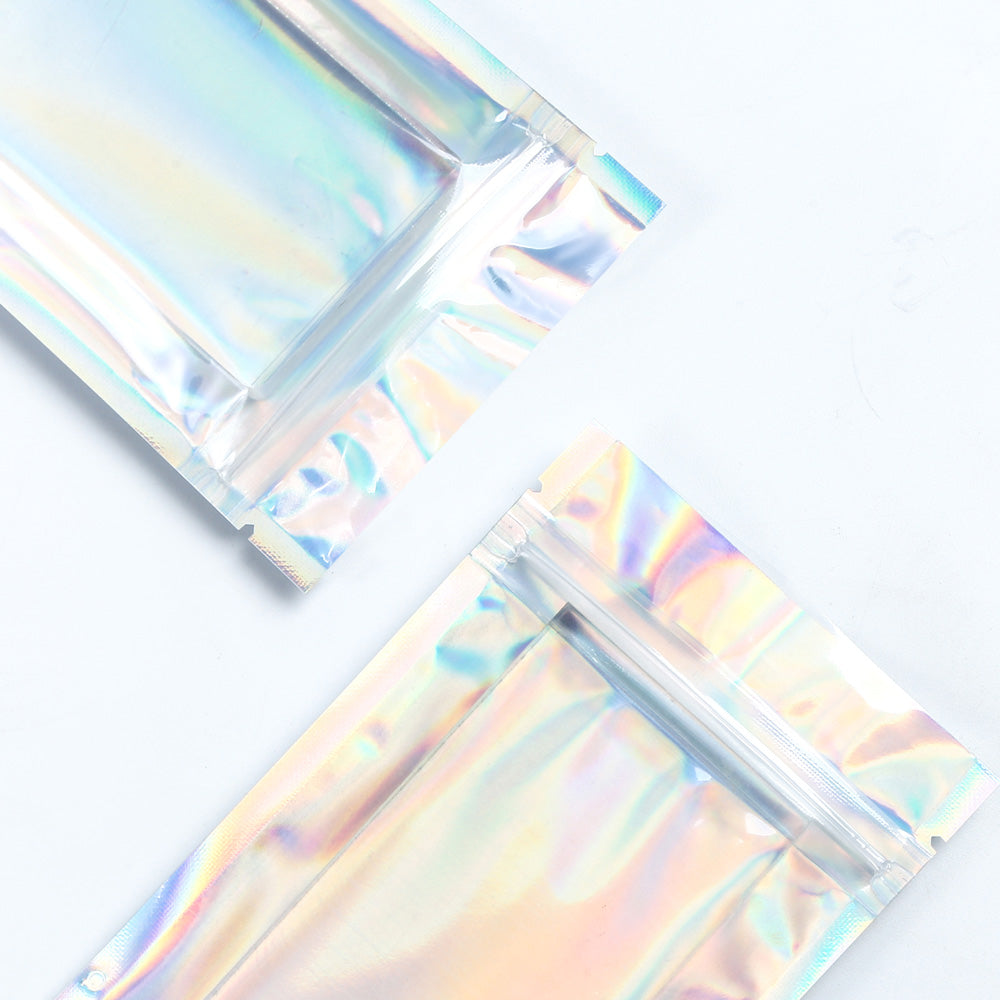 Holographic Silver Bag New Design Glossy Clear Front Plastic Bag Metallic Foil Mylar Cosmetics Food Storage Zipper Pouch